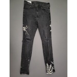 HM Mens Black Spider Web Graphic Skinny Jeans Distressed Ripped 31x32 06904494